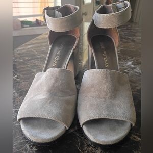 Stuart Weitzman Gray Suede Open-Toe Block Heel Pumps